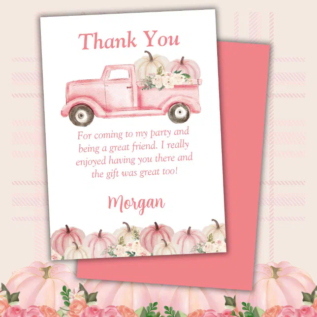 Pink Girls Pumpkin Birthday Party Thank You Card | Zazzle