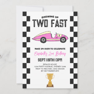 Pink Girls Retro Race Car 2nd Birthday Party Invitation