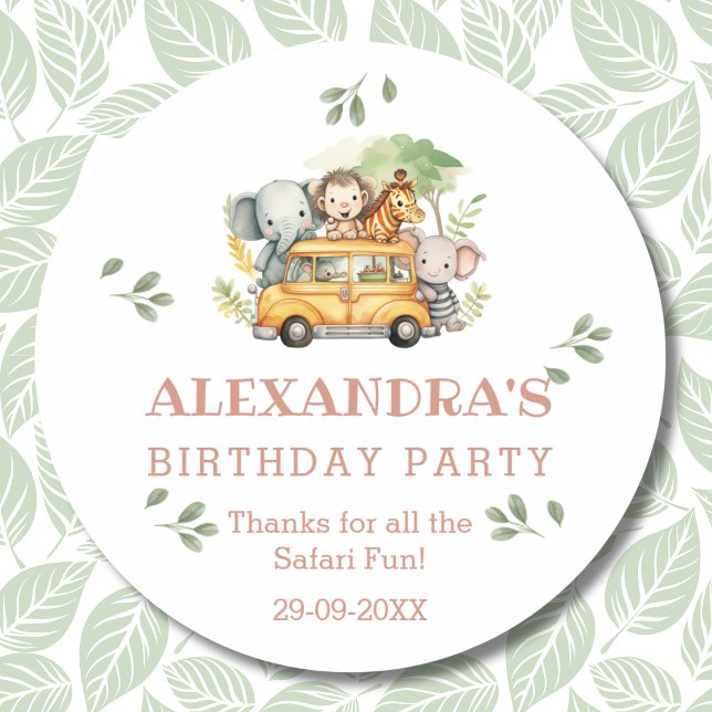Pink Girls Safari Birthday Thank You Classic Round Sticker (Creator Uploaded)