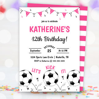 Pink Girls Soccer Party Birthday Invitation