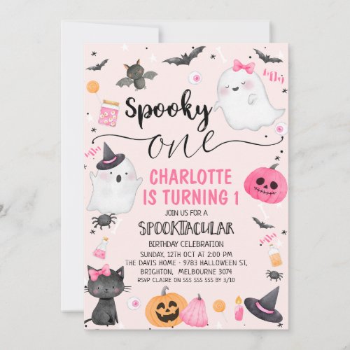 Pink Girls Spooky One Halloween 1st Birthday Invitation