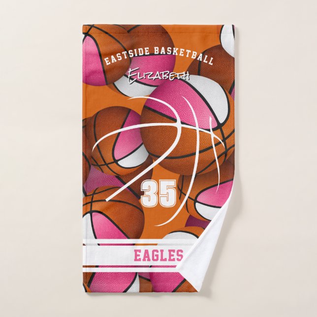 pink girls sports basketball player name  hand towel  (Hand Towel)