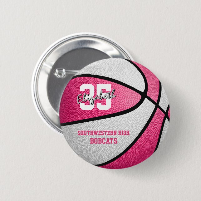 pink girl's sports basketball team name button (Front & Back)