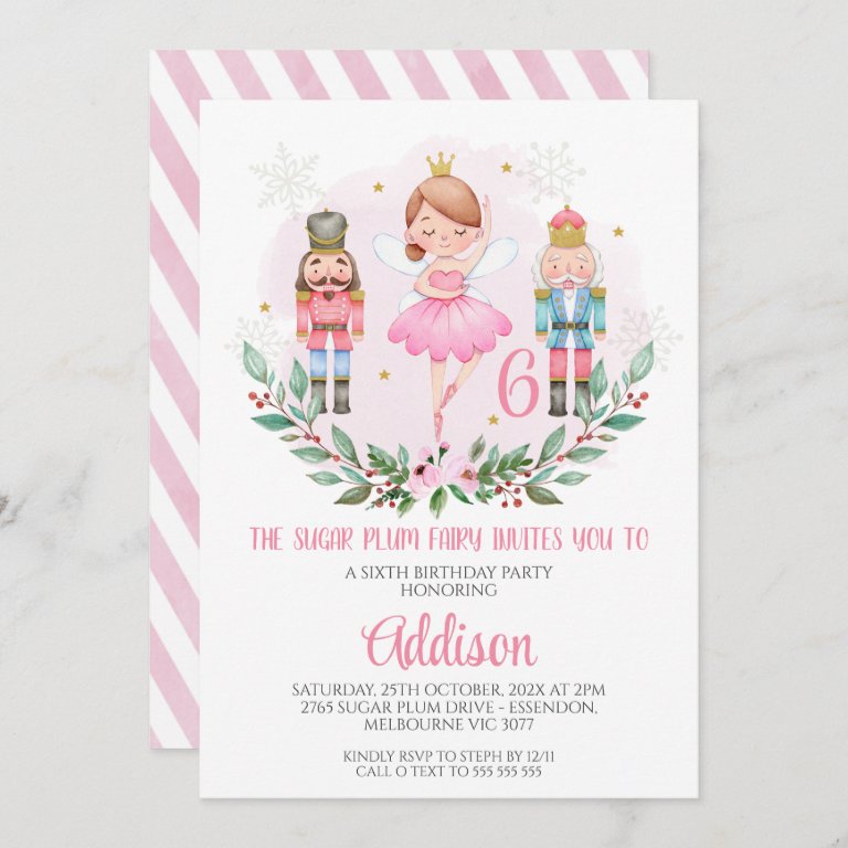 Pink Girls Sugar Plum Fairy Birthday Invitation