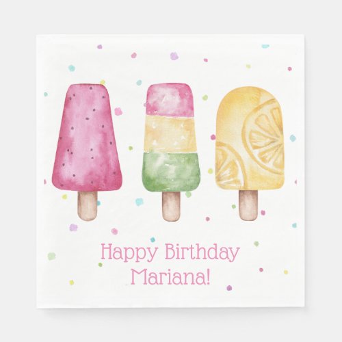 Pink Girls Summer Popsicle Birthday Party Napkins