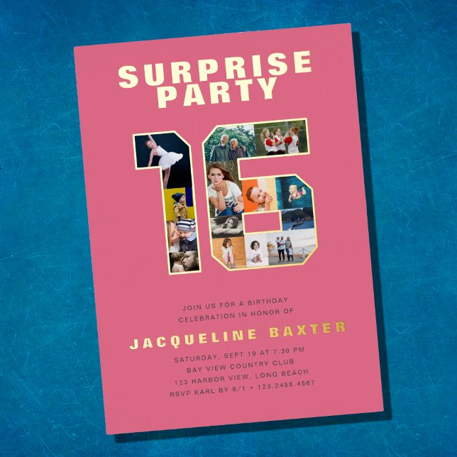 Pink Girl's Surprise Sweet 16 Birthday Photo Gold Foil Invitation (Creator Uploaded)