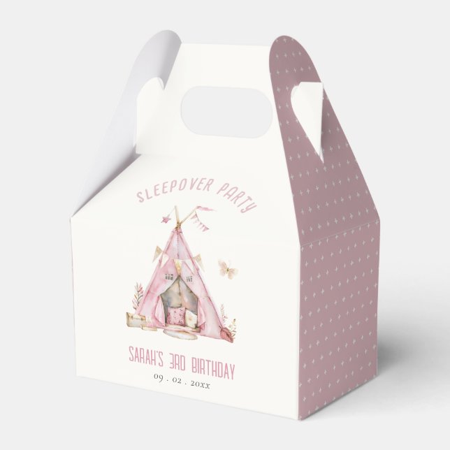 Pink Girls Tent Sleepover Slumber Birthday Party Favor Boxes (Front Side)