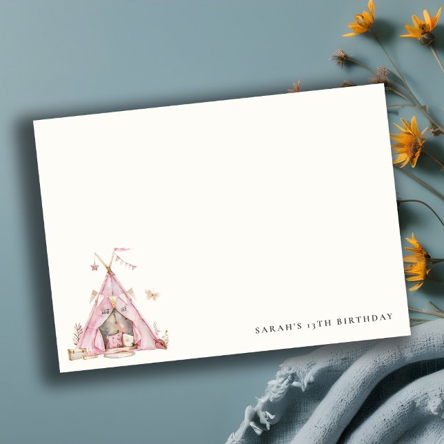 Pink Girls Tent Sleepover Slumber Birthday Party Note Card (Creator Uploaded)