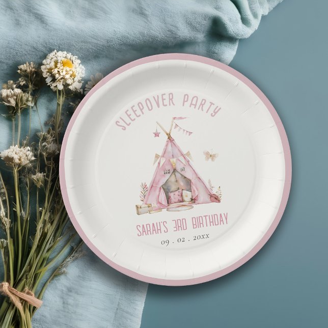 Pink Girls Tent Sleepover Slumber Birthday Party Paper Plates (Creator Uploaded)