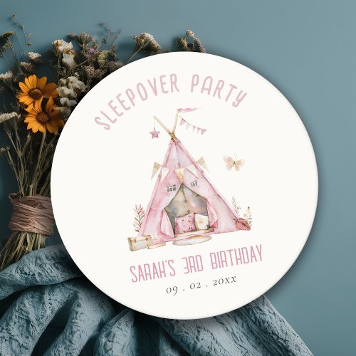 Pink Girls Tent Sleepover Slumber Birthday Party Round Paper Coaster