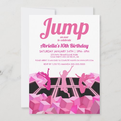 Pink Girls Trampoline Park Party Invitation