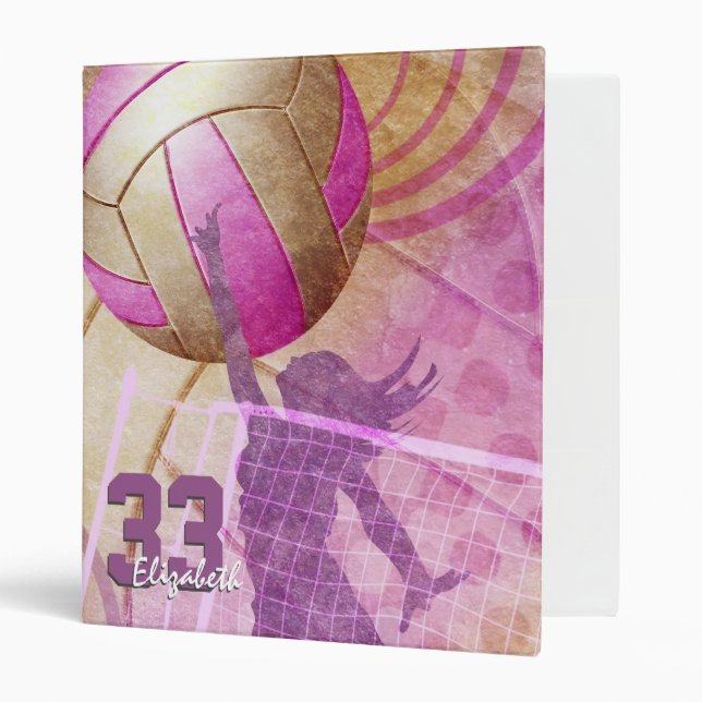 Pink Girls Volleyball name jersey number 3 Ring Binder (Front/Inside)