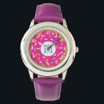Pink girl's watch with cute pink sprinkled donut<br><div class="desc">Pink girl's watch with cute pink sprinkled donut  and custom name monogram. Personalized wrist watch for little children. Add your own initial letter. Girly design with sweet doughnut and colorful sprinkles. Also nice as Birthday or Christmas Holiday gift for daughter,  granddaughter,  niece,  cousin,  grandchild,  friend,  stepdaughter etc.</div>