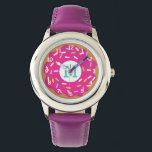 Pink girl's watch with cute pink sprinkled donut<br><div class="desc">Pink girl's watch with cute pink sprinkled donut  and custom name monogram. Personalized wrist watch for little children. Add your own initial letter. Girly design with sweet doughnut and colorful sprinkles. Also nice as Birthday or Christmas Holiday gift for daughter,  granddaughter,  niece,  cousin,  grandchild,  friend,  stepdaughter etc.</div>