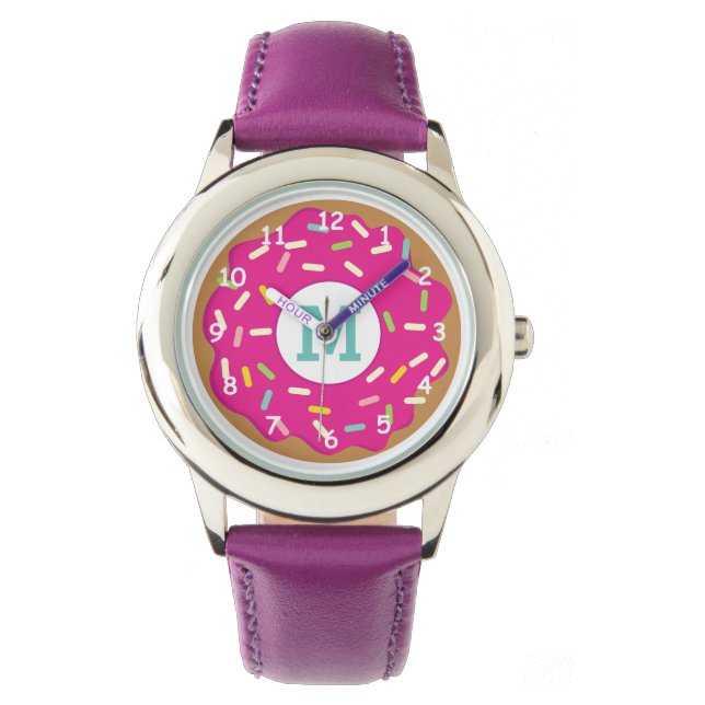 Pink girl's watch with cute pink sprinkled donut (Front)