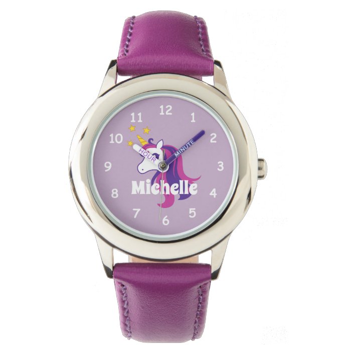 Pink Girl S Watch With Cute Unicorn Custom Name Zazzle Com