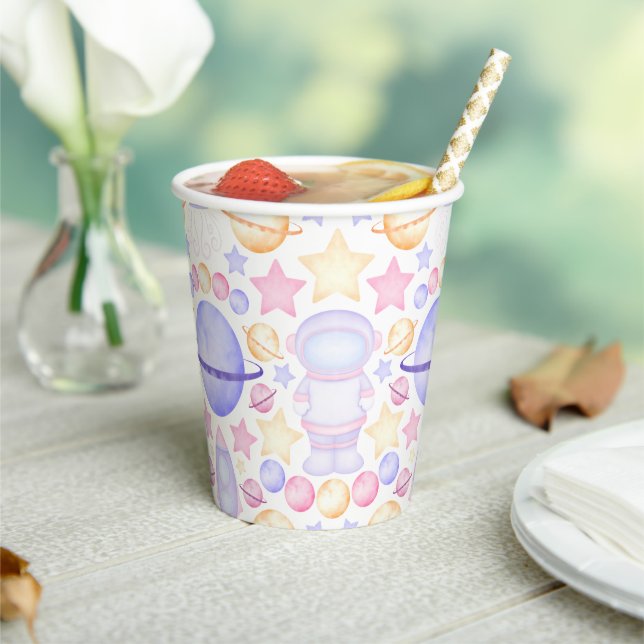 Pink Girls Watercolor Outer Space Astronaut Paper Cups (Insitu)