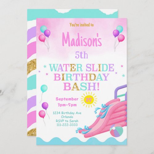 Pink Girls Waterslide Birthday Bash Invitation