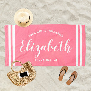 Pink Girls Weekend Monogram Name Beach Towel