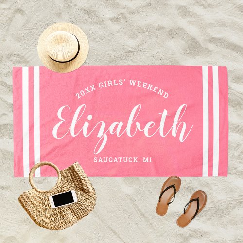 Pink Girls Weekend Personalized Name Beach Towel