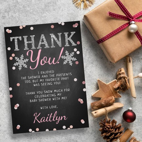 Pink Girls Winter Christmas Baby Shower Thank You Card