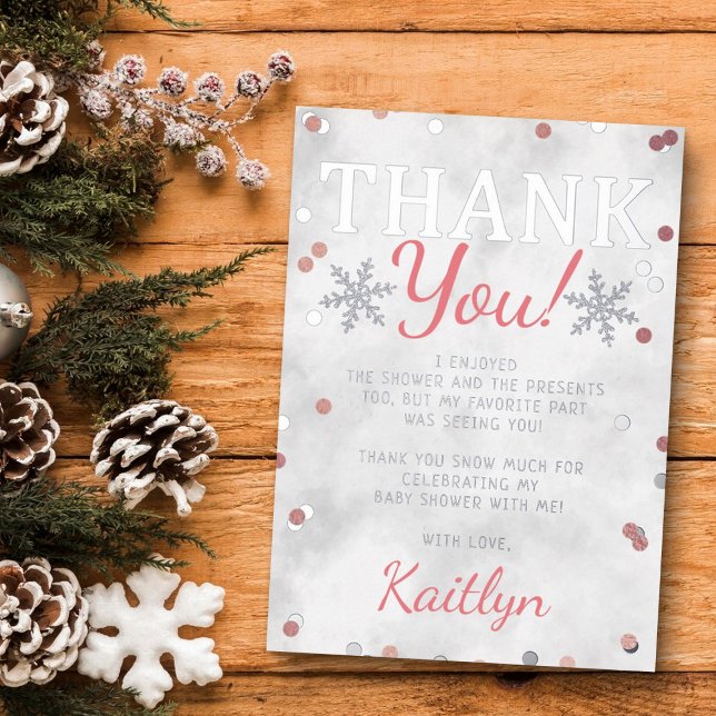 Pink Girl's Winter Christmas Baby Shower Thank You Foil Invitation (Creator Uploaded)