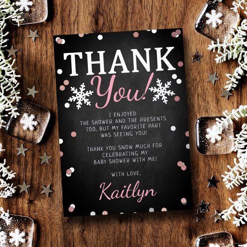 Pink Girls Winter Christmas Baby Shower Thank You Foil Invitation