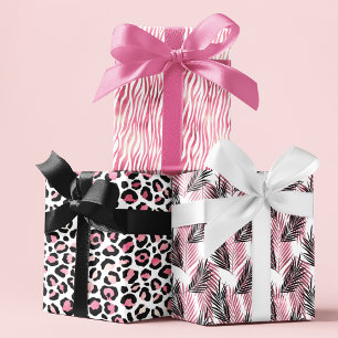 Pink Girly Animal Chic Dot Tropical Floral Pattern Wrapping Paper Sheets