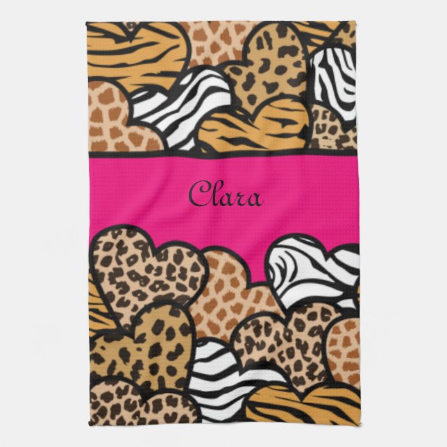 Pink Girly animal print hearts with a name Towel (Vertical)