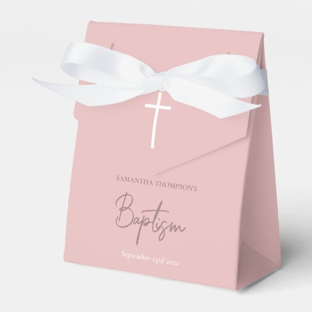 Pink Girly Baby Girl Calligraphy Baptism  Favor Boxes (Front Side)