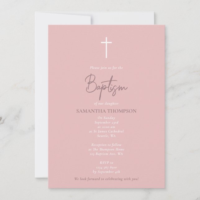 Pink Girly Baby Girl Calligraphy Baptism  Invitation (Front)