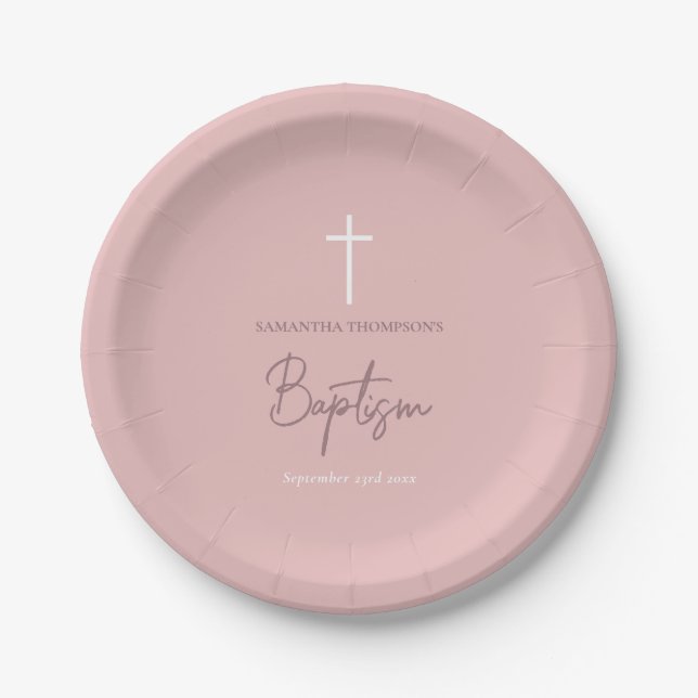 Pink Girly Baby Girl Calligraphy Baptism  Paper Plates (Front)