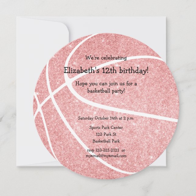 pink girly basketball birthday party announcement (Front)