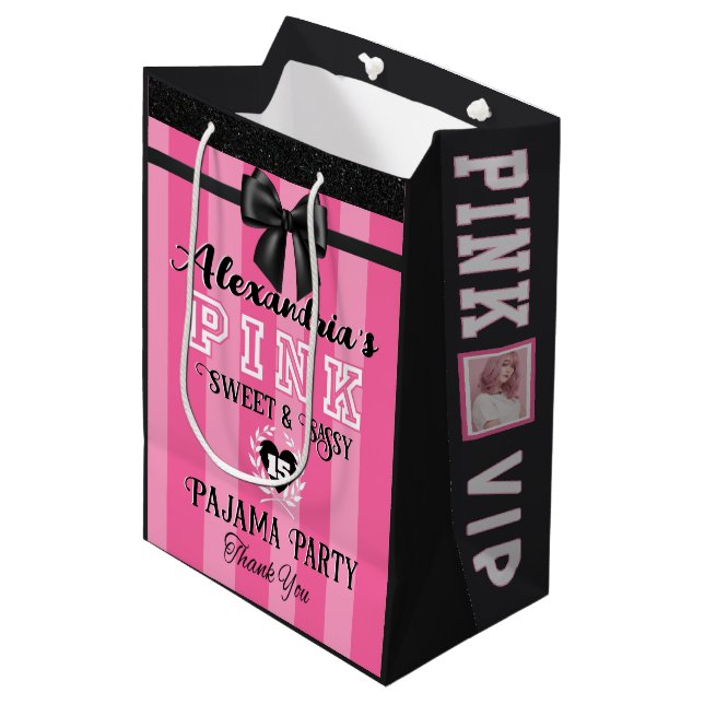 PINK Girly Birthday Party Custom Photo Any Age Medium Gift Bag (Front Angled)