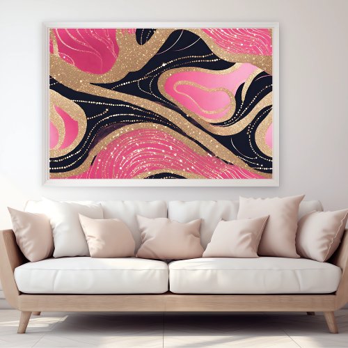 Pink Girly Black Gold Glitter Modern Art Poster
