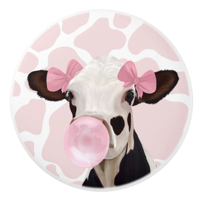 Pink Girly Bubblegum Blowing Cow Ceramic Knob (Front)