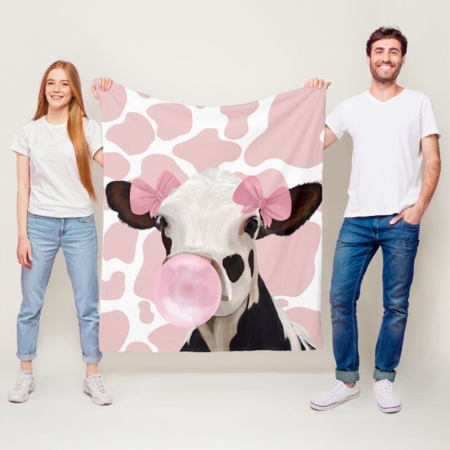 Pink Girly Bubblegum Blowing Cow Fleece Blanket (In Situ)