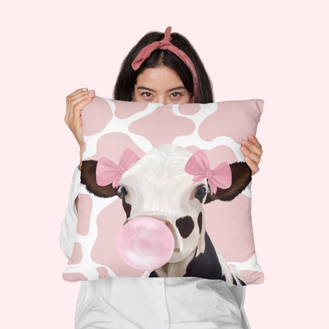 Pink Girly Bubblegum Blowing Cow Throw Pillow (Creator Uploaded)