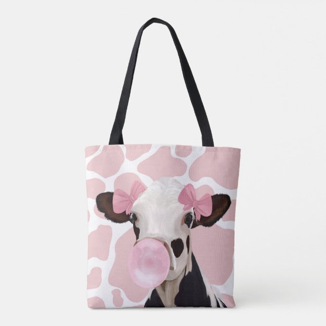 Pink Girly Bubblegum Blowing Cow Tote Bag (Back)