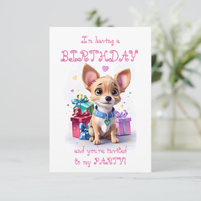 Pink Girly Chihuahua Birthday Party  Invitation (Standing Front)