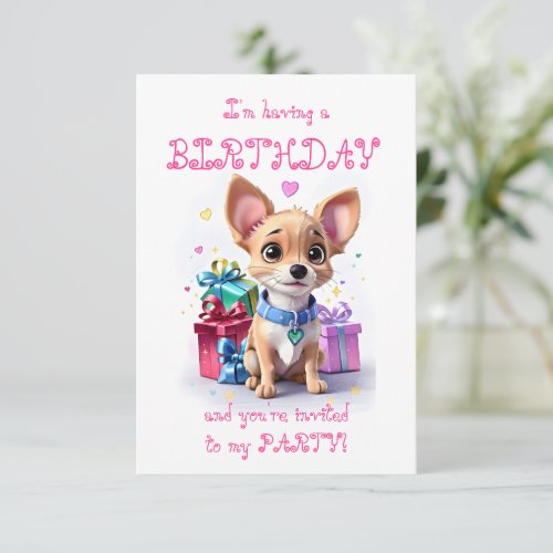 Pink Girly Chihuahua Birthday Party  Invitation