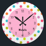 Pink Girly Clocks<br><div class="desc">Pink girly clock with colorful polka dots the clock face in this decorative wall decor clock design a girls room, baby girl, or clock for a college dorm room. Colors include green, pink, blue, purple, white.</div>