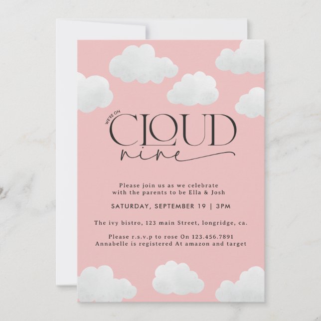 Pink Girly cloud nine shower modern stylish Invitation (Front)