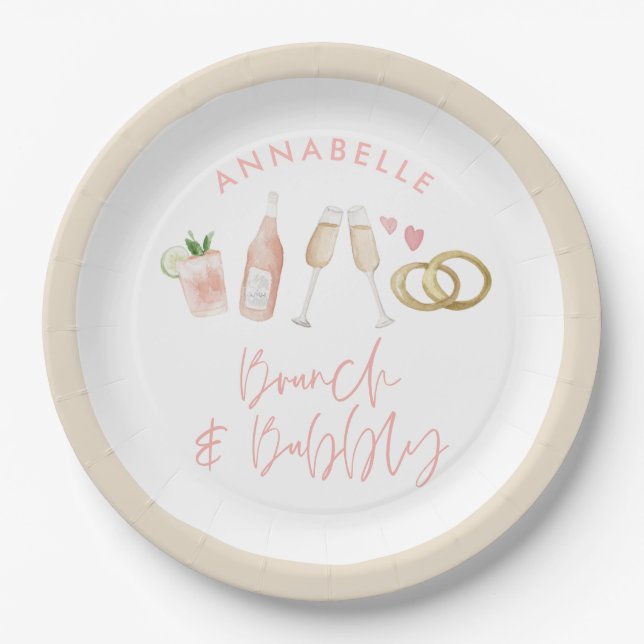 Pink girly cocktail brunch and bubbly bridal  paper plates (Front)