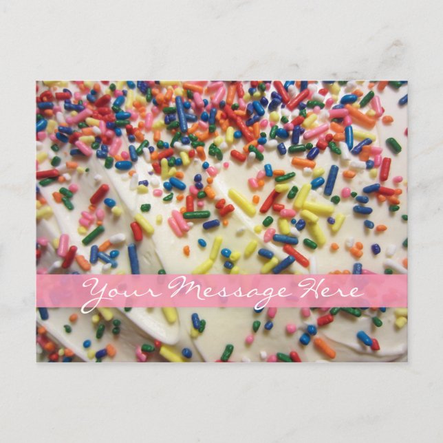 Pink Girly Colorful Baked Cake & Sprinkle Birthday Postcard (Front)