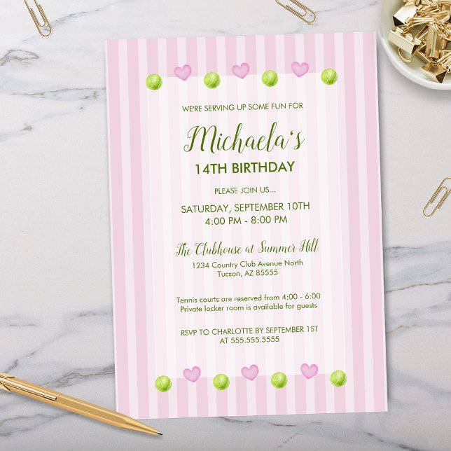 Pink Girly Country Club Tennis Birthday Invitation (Pink girly tennis birthday invitation template for girls sports themed country club party invites)