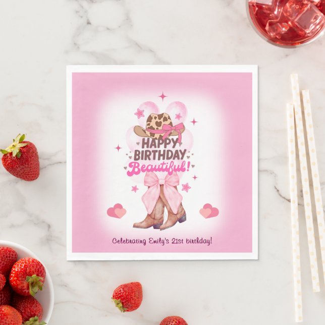 Pink Girly Cowgirl Boots and Hat Custom Birthday Napkins (Insitu)