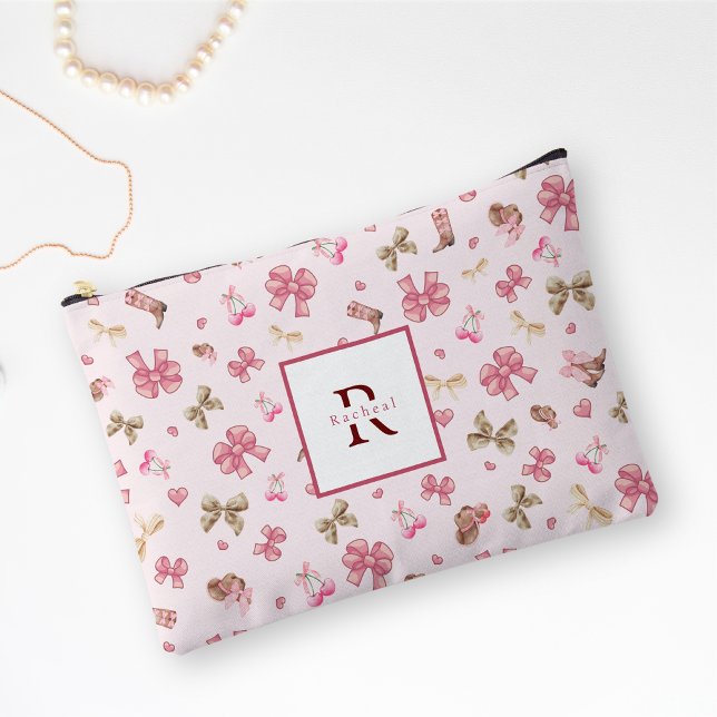 Pink Girly Cowgirl Coquette Pattern Monogram Name Accessory Pouch (Creator Uploaded)