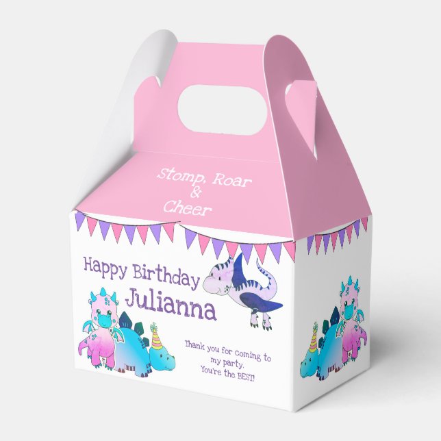 Pink Girly Cute Baby Dinosaur Kids Party Favor Boxes (Front Side)