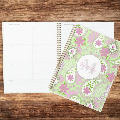 Pink Girly Cute Chic Preppy Paisley Green Pattern Planner